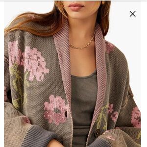 Free People Chamomile Pattern Longline Cotton Cardigan Rose Floral S